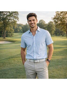 Peter Millar Men's Button Up Shirt Light Blue Size L Moisture Wicking Performanc
